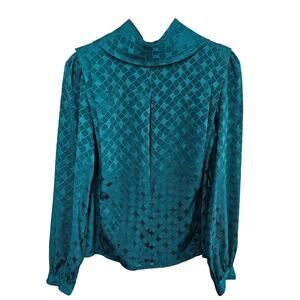 Vintage 80s Satin Blouse Women Sz 10 Blue Silky Glam Elegant Career Mock Neck